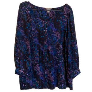 White Stag Floral Print Blouse – Purple Blue Long Sleeve Top – XXL / 2X